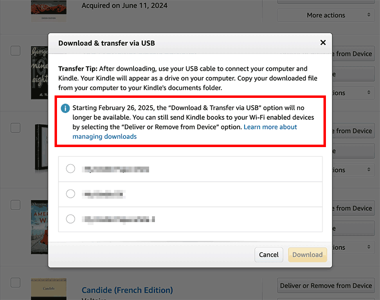亚马逊Kindle数字内容中移除“下载并通过USB传输”功能的提示