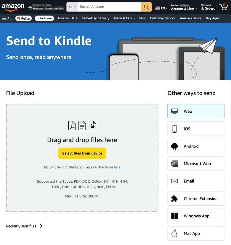 亚马逊网页版Send to Kindle界面